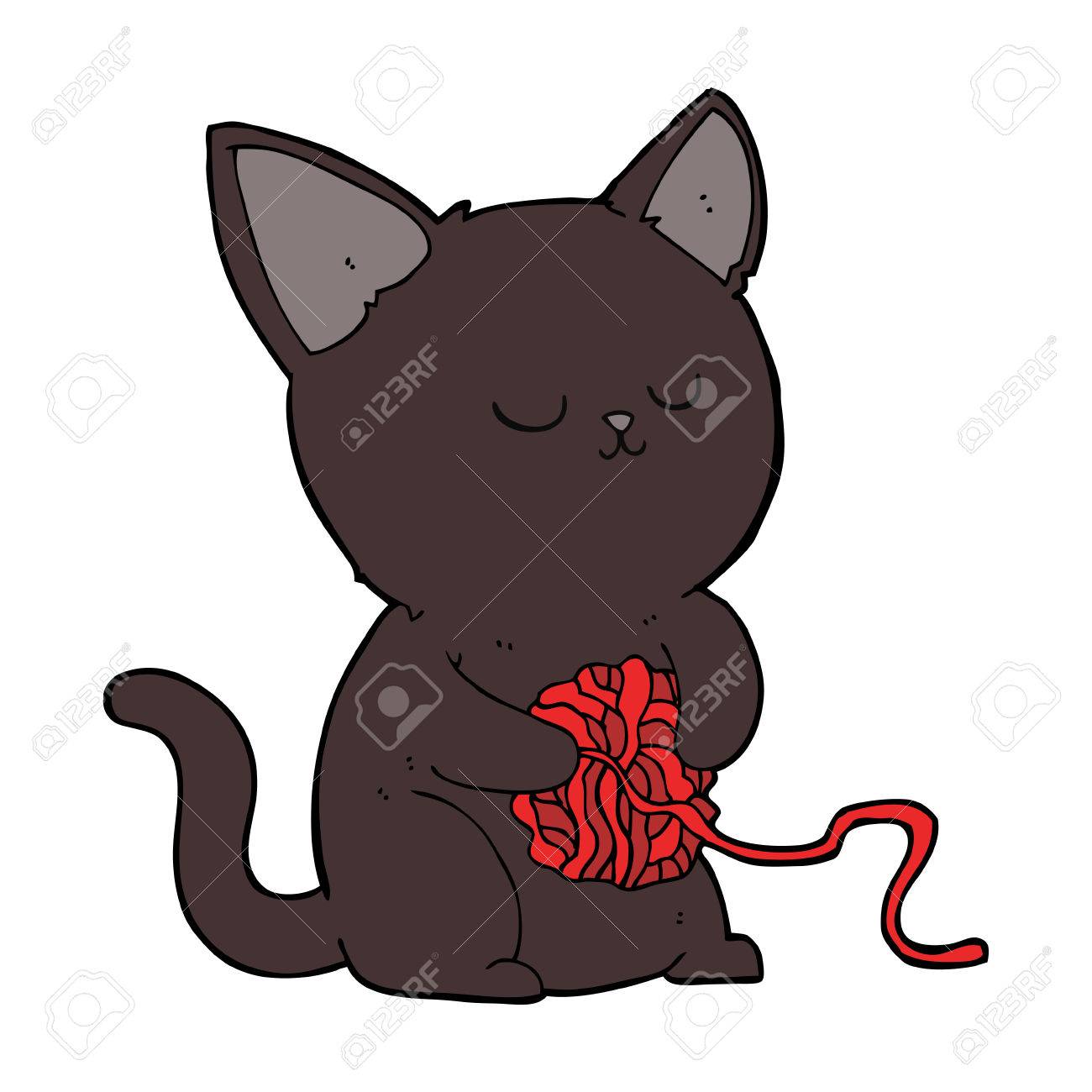 1300x1300 Cartoon Cute Black Cat Playing With Ball Of Yarn Royalty Free