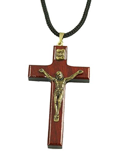 397x500 Mens Cherry Wooden Catholic Cross Crucifix Pendant