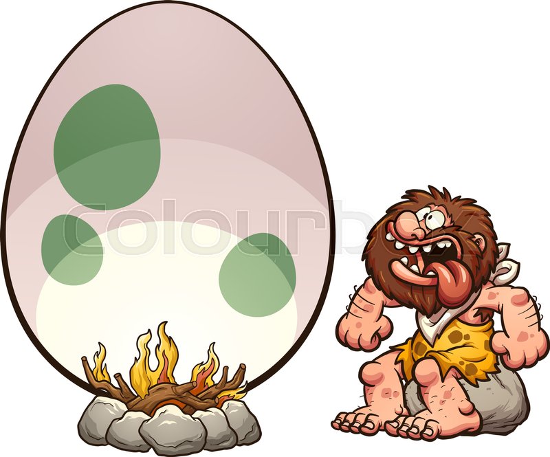 800x665 Hungry Cartoon Caveman Cooking A Giant Egg. Vector Clip Art