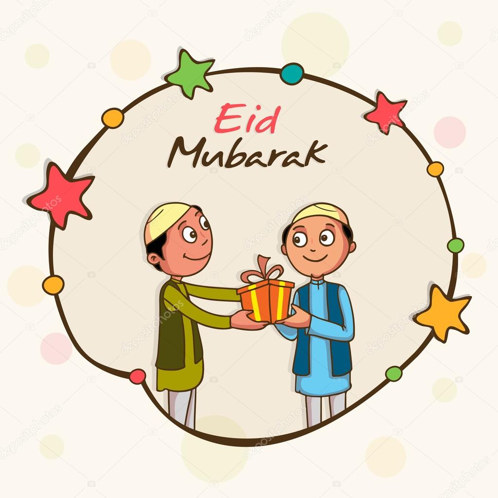 1024x1024 Eid Mubarak Celebration With Cute Kids. Stock Vector