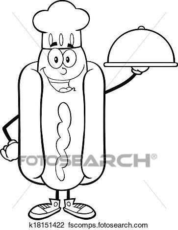 363x470 Clipart Of Black And White Happy Hot Dog Chef K18151422