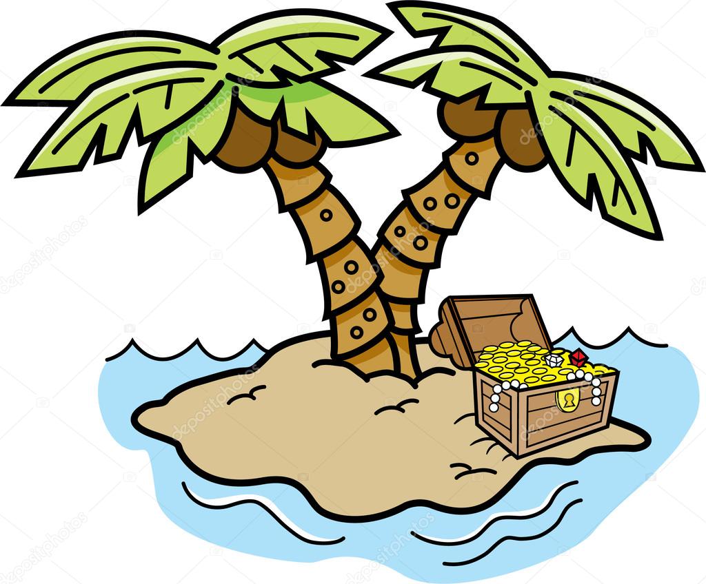 1024x848 Cartoon Island With Palm Trees And A Treasure Chest. Stock