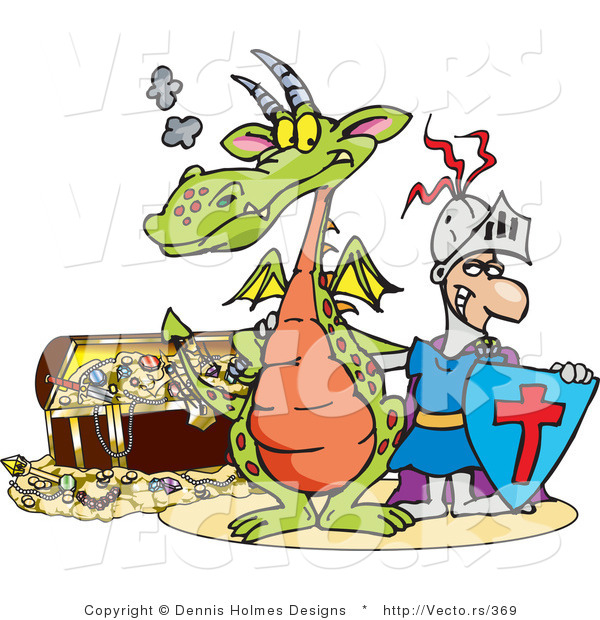 600x620 Vector Of A Cartoon Knight And Dragon Beside A Treasure Chest By