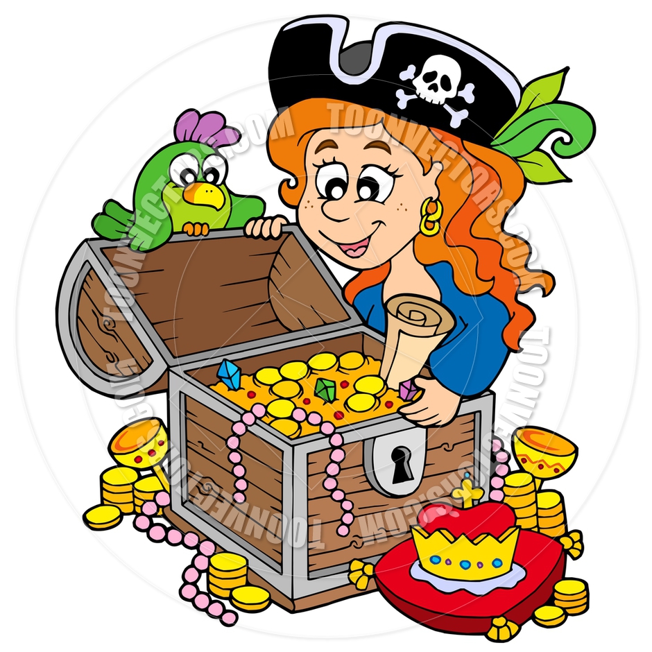 940x940 Cartoon Pirate Woman Opening Treasure Chest By Clairev Toon