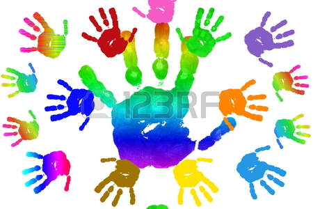 450x300 Kids Art And Craft Colorful Hand Prints In Rainbow Isolated
