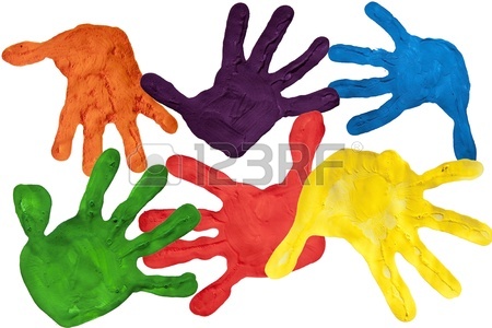 450x300 Paint Prints Of Child Hands In Bright Colours Stock Photo, Picture