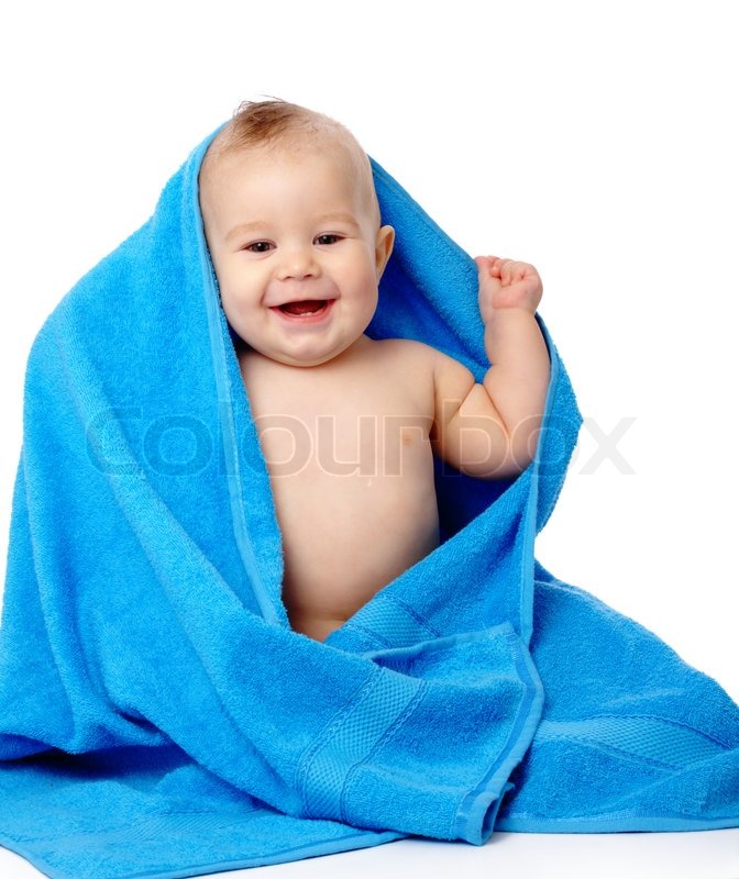 672x800 Cute Child Wrapped In Blue Towel Stock Photo Colourbox