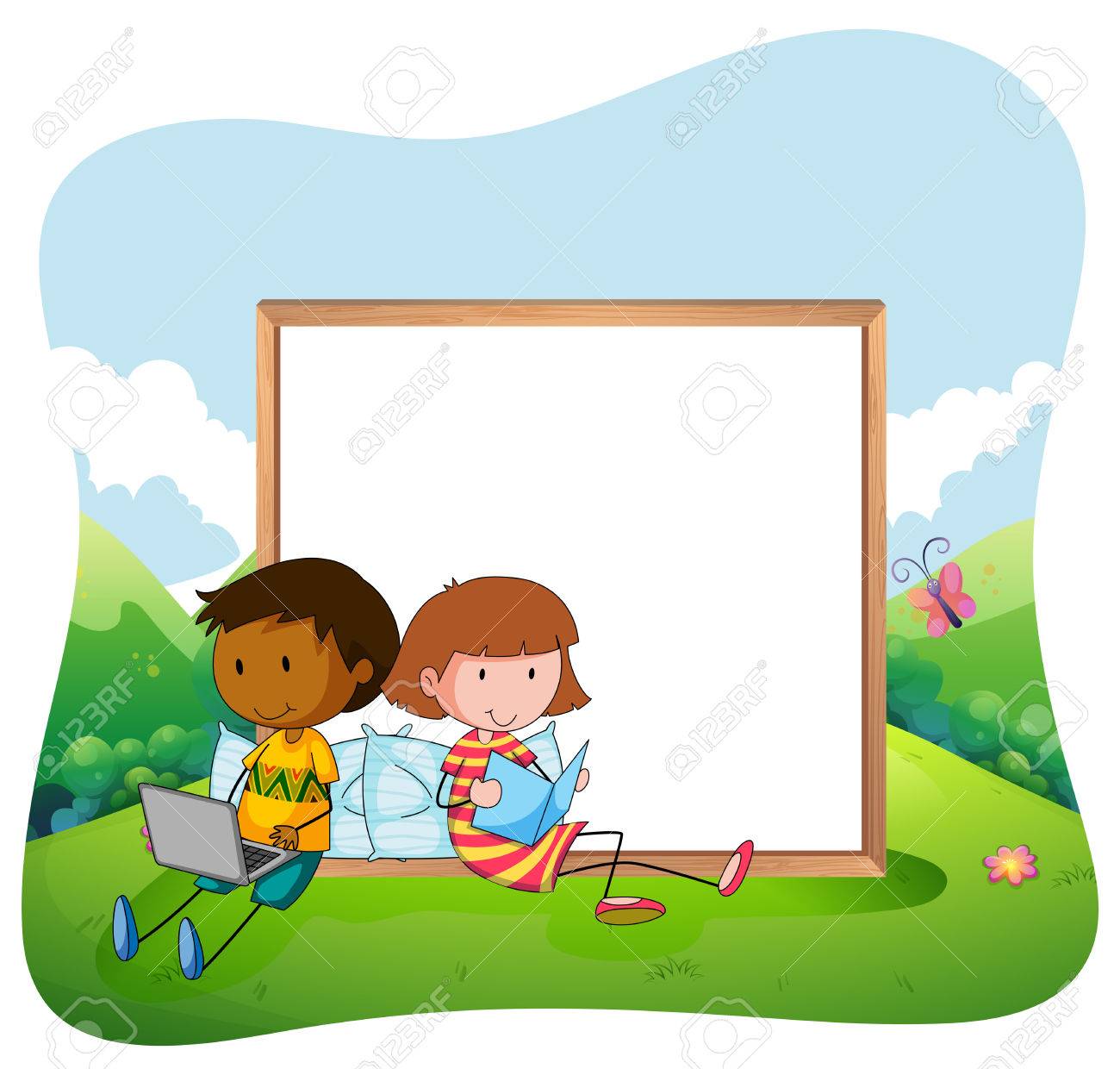 1300x1240 Children Sitting In A Garden Reading With A Black White Board