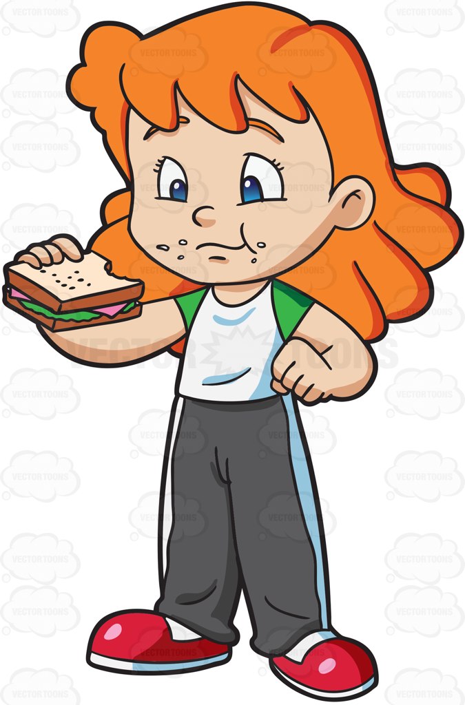 675x1024 A Girl Munches A Ham Sandwich For Her Snack Cartoon Clipart