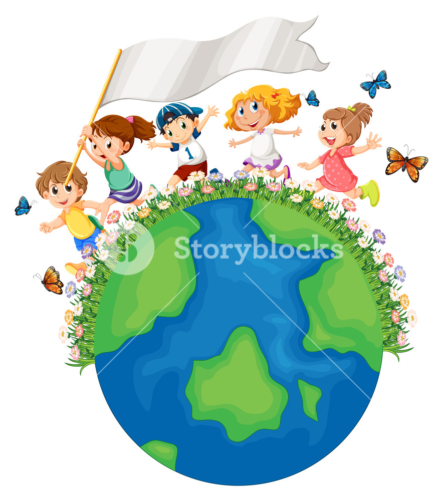 884x1000 Children Running Around The Earth With Flag Illustration Royalty