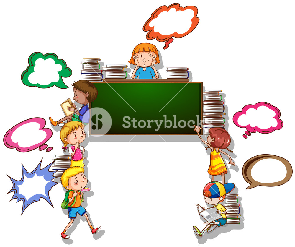 1000x836 Children Reading Books And Writing On Board Illustration Royalty