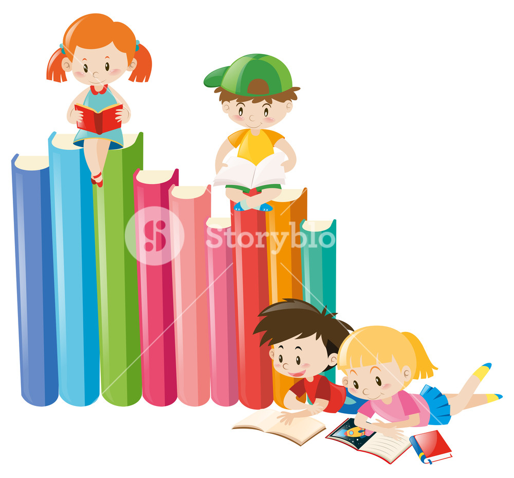 1000x929 Four Children Reading Books Illustration Royalty Free Stock Image