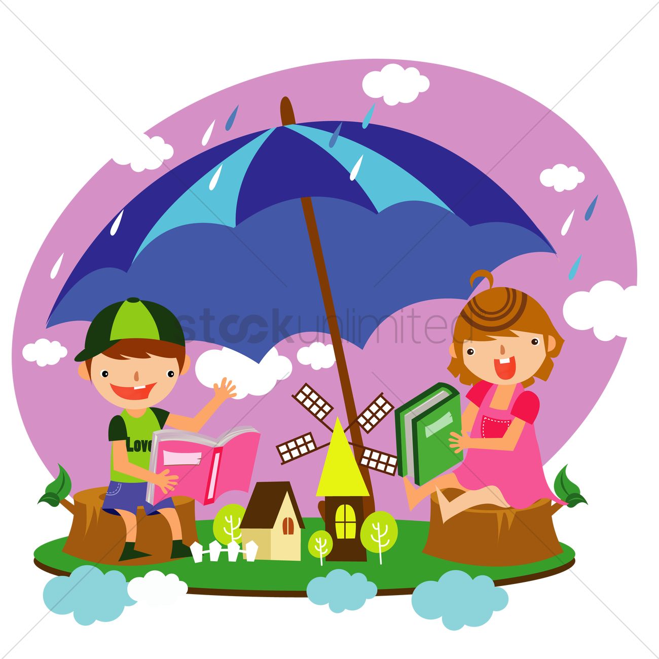 1300x1300 Children Reading Under An Umbrella Vector Image