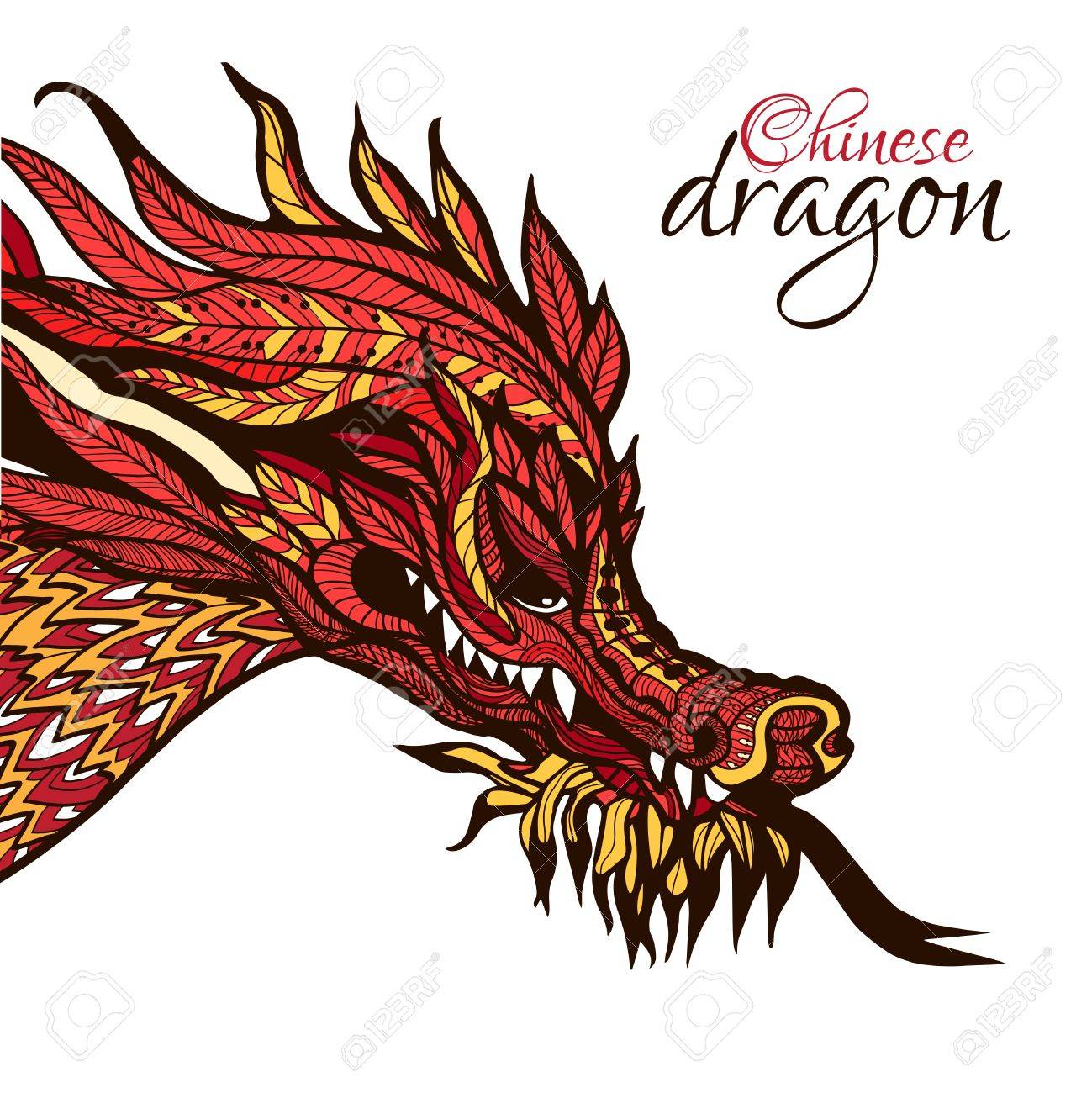 1299x1300 Hand Drawn Chinese Dragon Head With Colored Ornament Vector