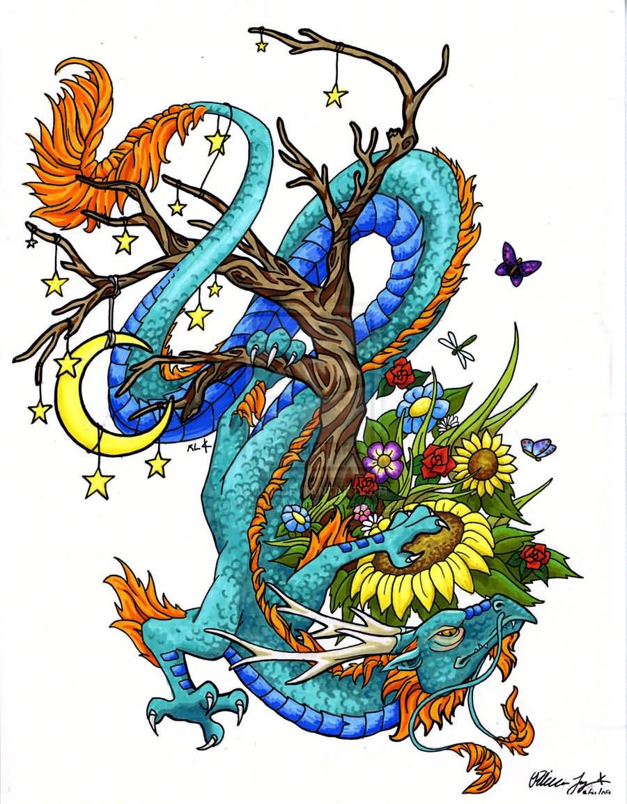 900x1154 Traditional Chinese Dragon With Tree Without Leaves Tattoo Design