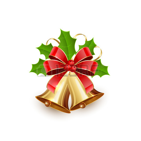 450x450 Golden Christmas Bells With Red Bow, Tinsel And Holly Berries