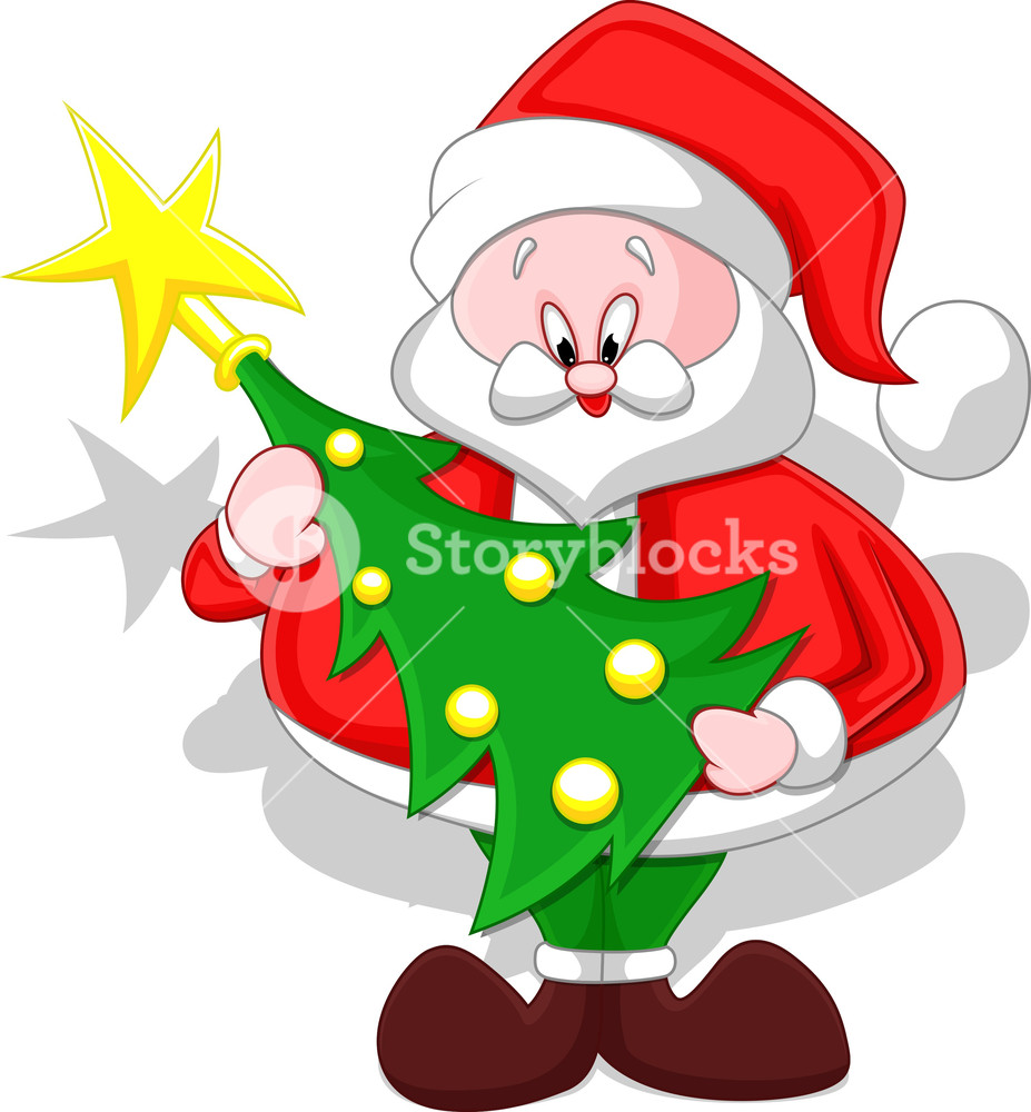 927x1000 Cartoon Santa With Christmas Tree Royalty Free Stock Image