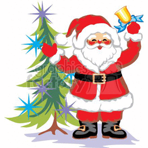 300x300 Royalty Free Happy Santa Claus Ringing A Bell By A Decorated