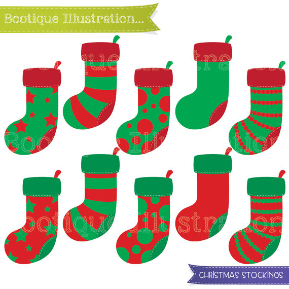 570x570 Christmas Stocking Clipart Set For Instant Download. 10 Christmas