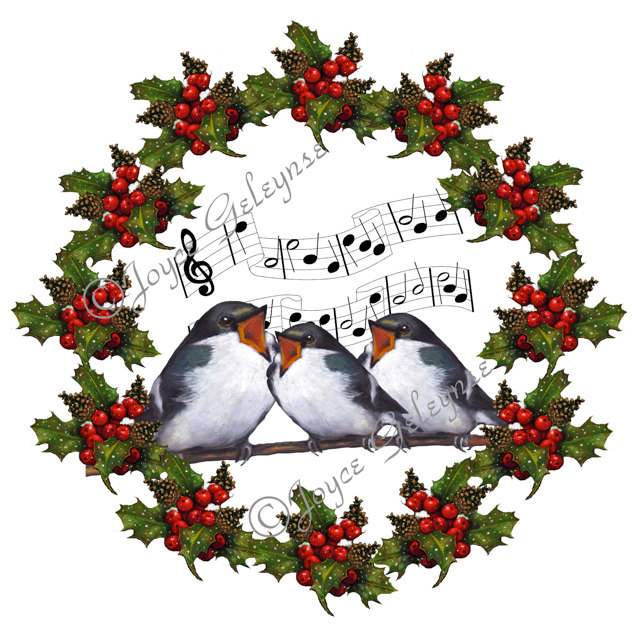 632x640 Christmas Clipart Holly Wreath With Singing Birds Musical