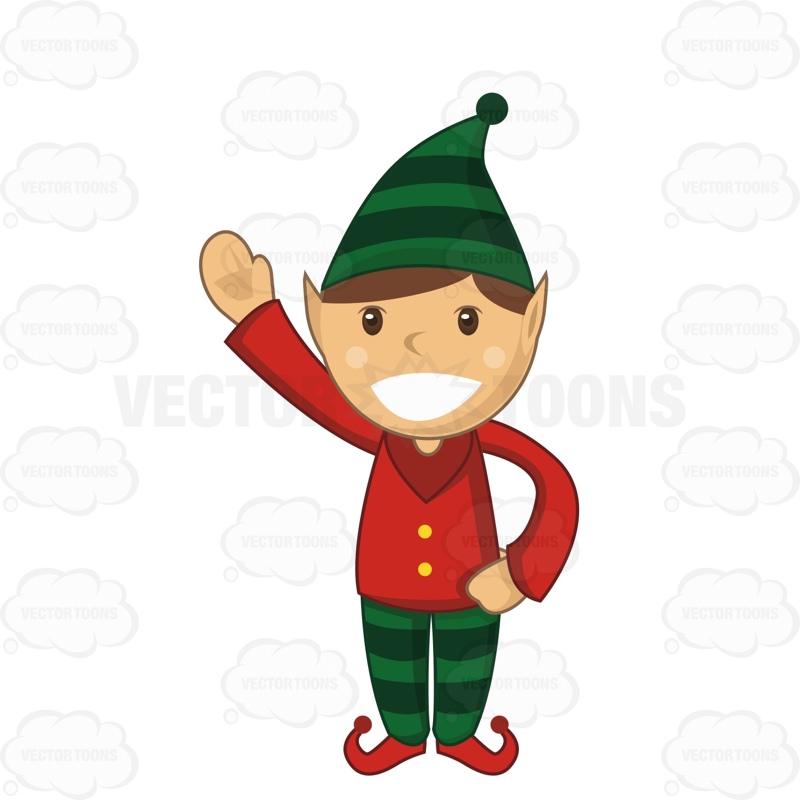800x800 Christmas Elf With A Big Smile Waving Cartoon Clipart