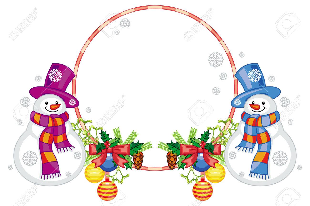 1300x865 Round Frame With Christmas Decorations And Snowman. Christmas