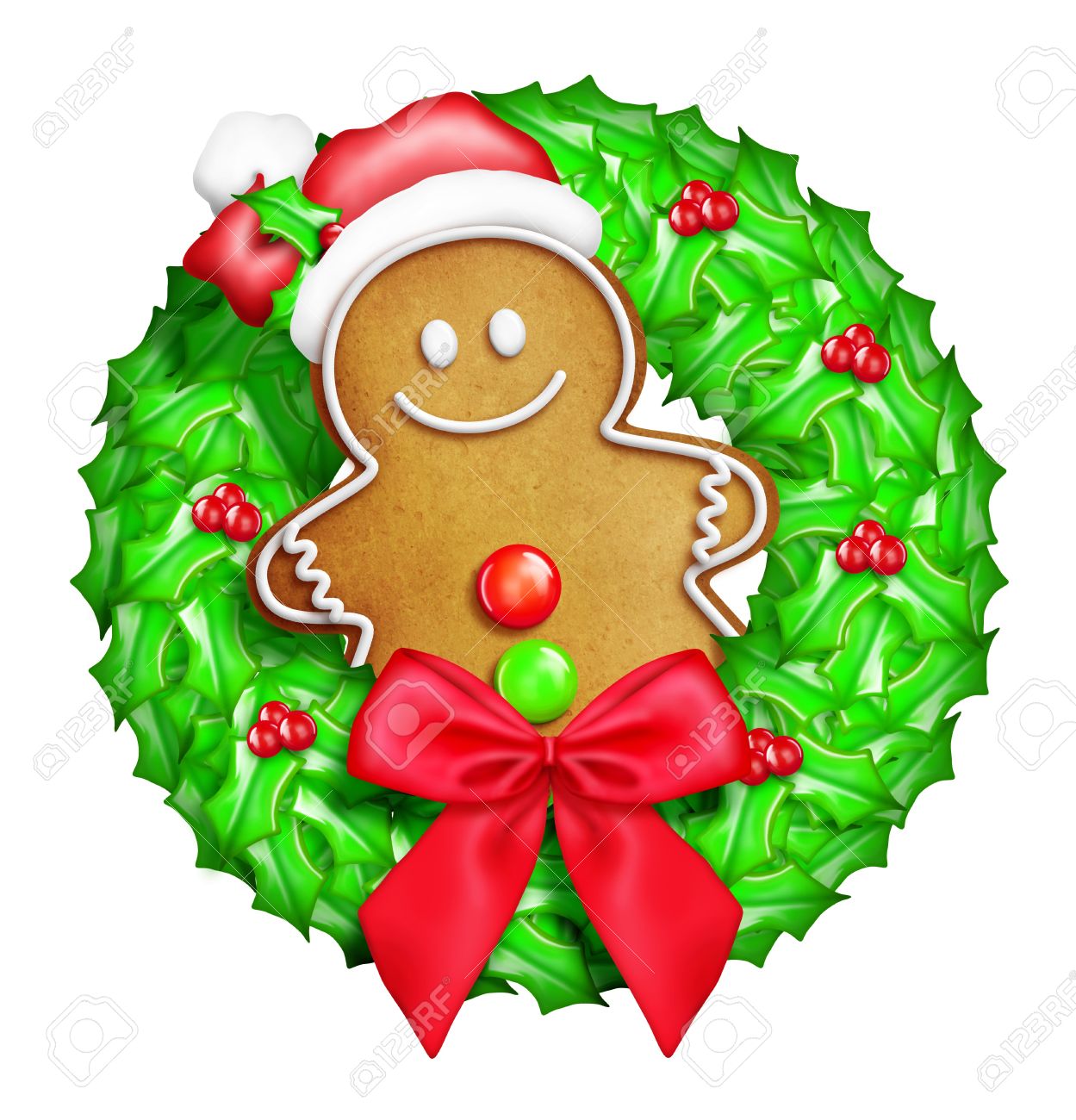 1249x1300 Whimsical Cartoon Christmas Wreath With Gingerbread Man Stock