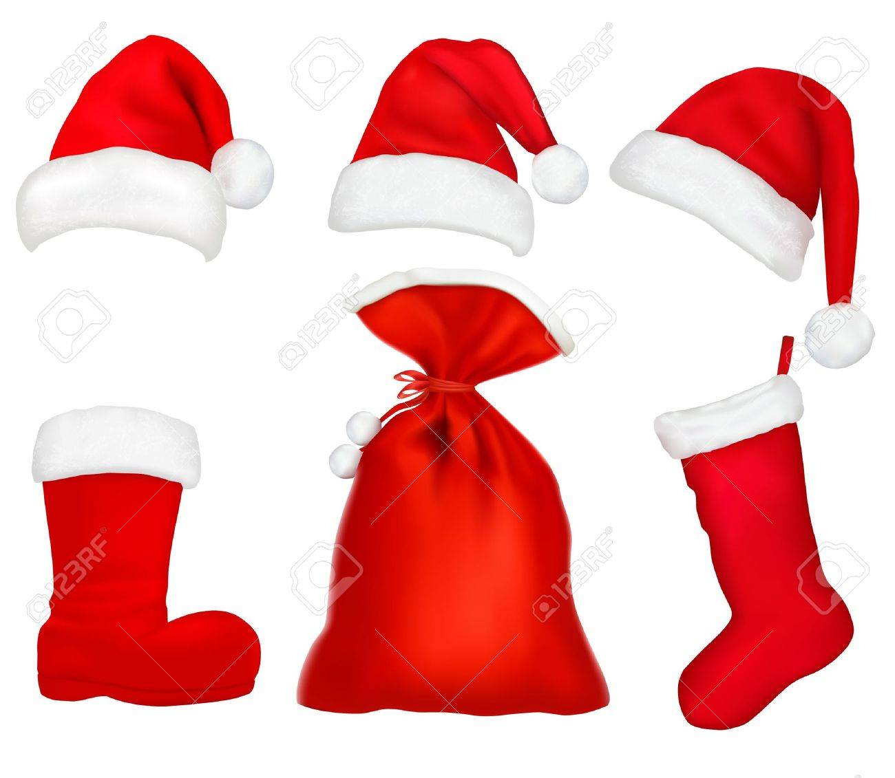 1300x1131 Three Red Santa Hats. Christmas Stocking And Boot And Bag