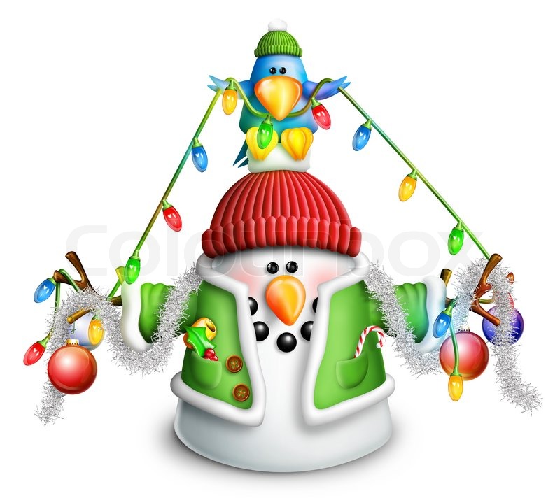 800x712 Cartoon Snowman With Christmas Lights And Garland Stock Photo