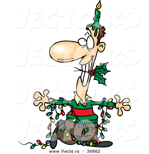 600x620 Cartoon Vector Of A Man Wearing Christmas Lights, With A Lit