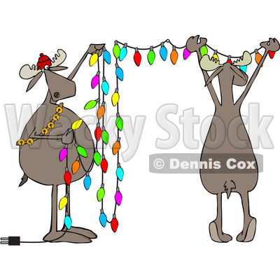 400x400 Of Cartoon Two Festive Moose Hanging Christmas Lights
