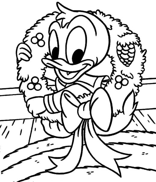 518x605 Little Duck Brings Christmas Ornament To Put On A Tree Coloring