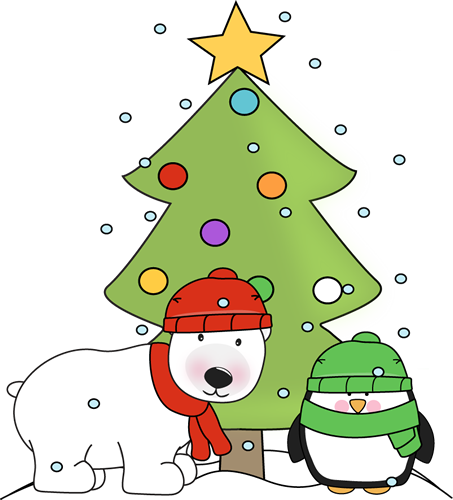 453x500 Penguin, Polar Bear, And Christmas Tree In The Snow Clip Art