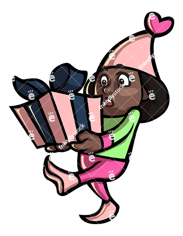 585x755 Black Girl Christmas Elf Holding A Present Cartoon Clipart