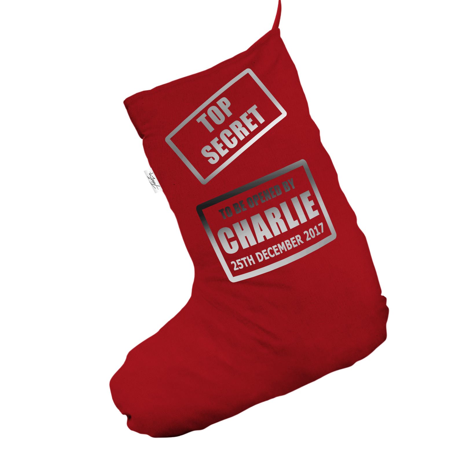 1600x1604 Personalised Xmas Stocking Silver Foil Top Secret Christmas