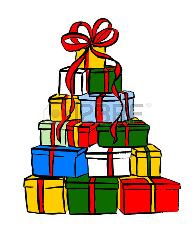 388x450 Stack Of Christmas Gifts. Ink Outline Hand Drawn Sketch Isolated