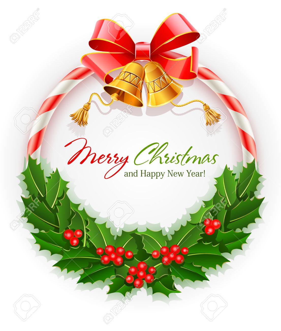 1106x1300 Christmas Wreath With Bow And Gold Bell Vector Illustration