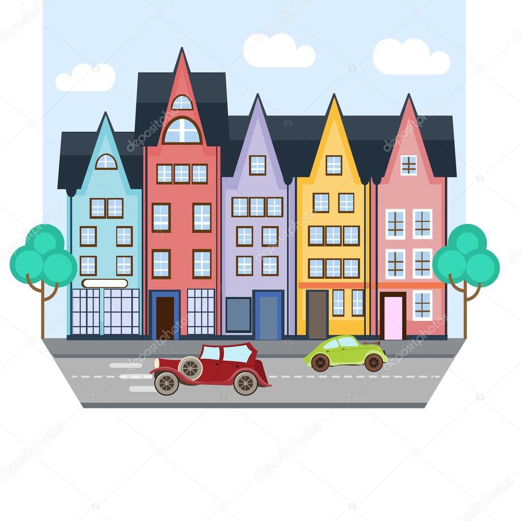 1024x1024 City Street With Colorful Houses And Two Cars Stock Vector