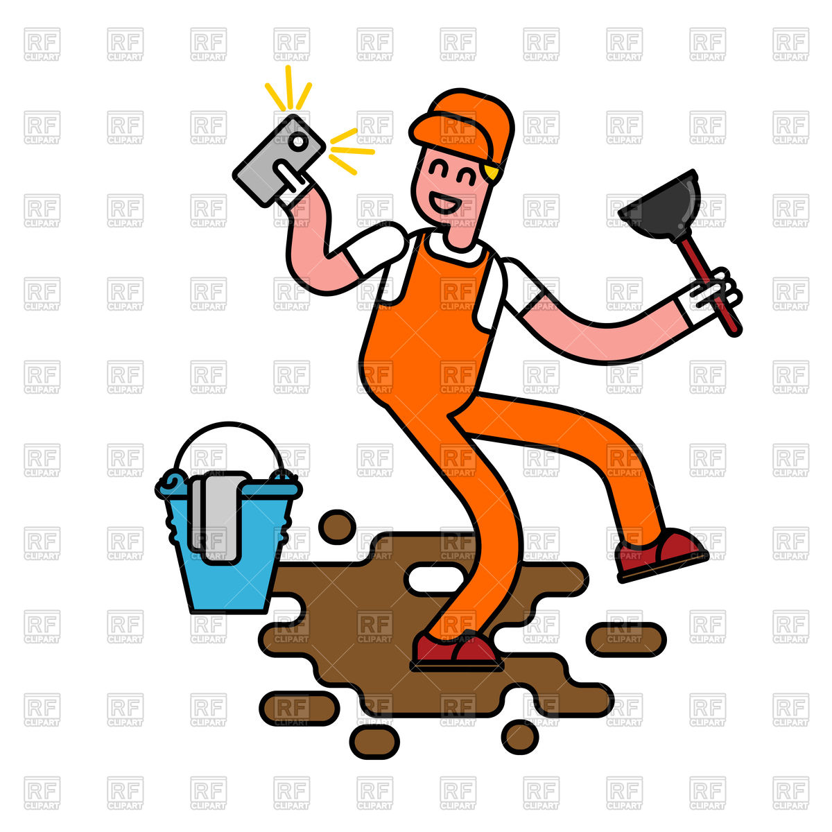 1200x1200 Cleaner Selfie. Janitor With Plunger. Royalty Free Vector Clip Art