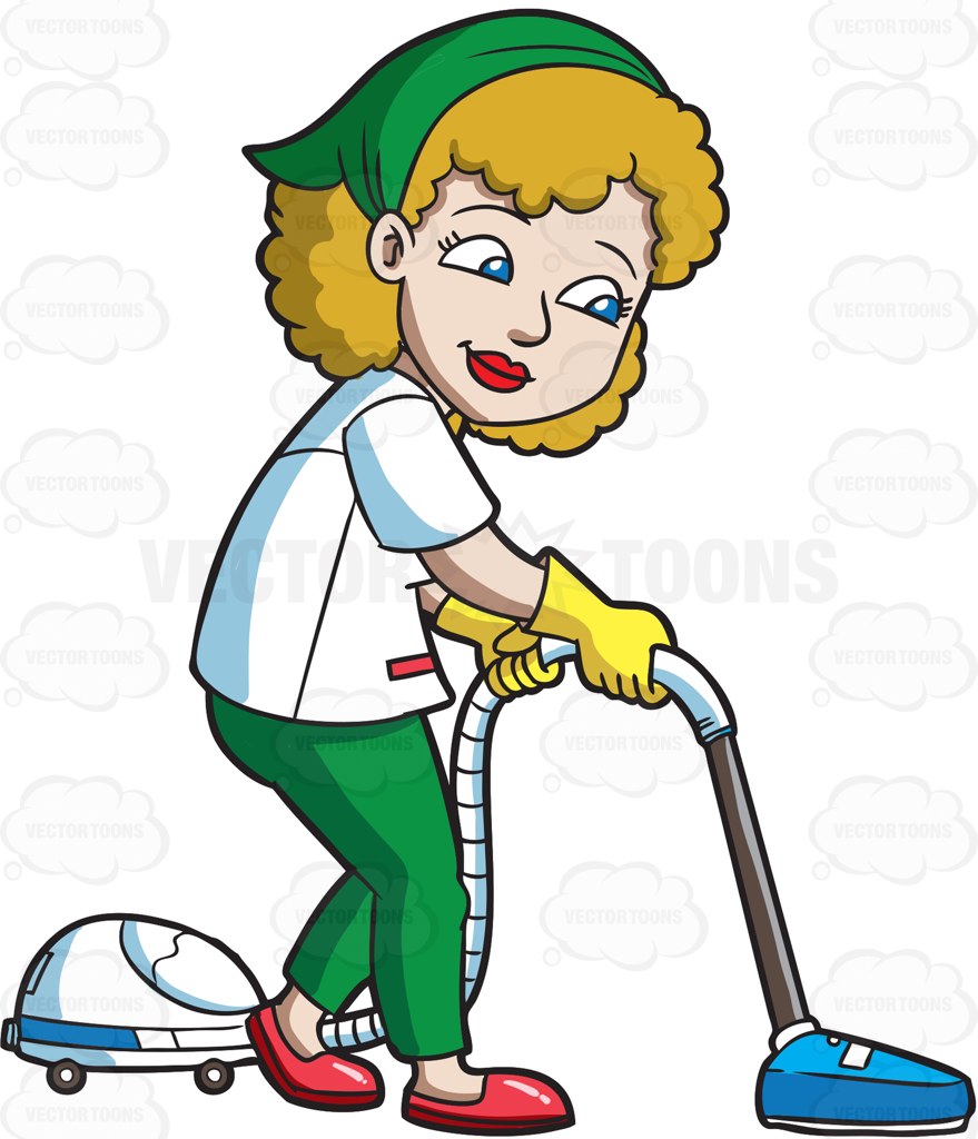 879x1024 A Happy Woman Cleaning The Floor With A Vacuum Cartoon Clipart