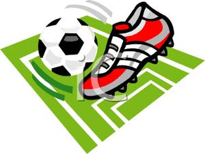 300x226 Red And Gray Cleat Kicking A Soccer Ball Clip Art Image