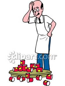 225x300 Grocery Clerk Looking At A Knocked Down Display Of Canned Goods