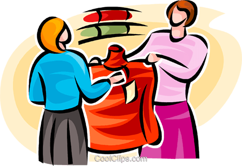 480x331 Woman And A Sales Clerk Buying Clothes Royalty Free Vector Clip