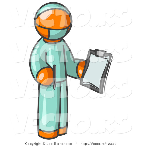 600x620 Vector Of Orange Surgeon Guy In Green Scrubs, Holding A Clipboard