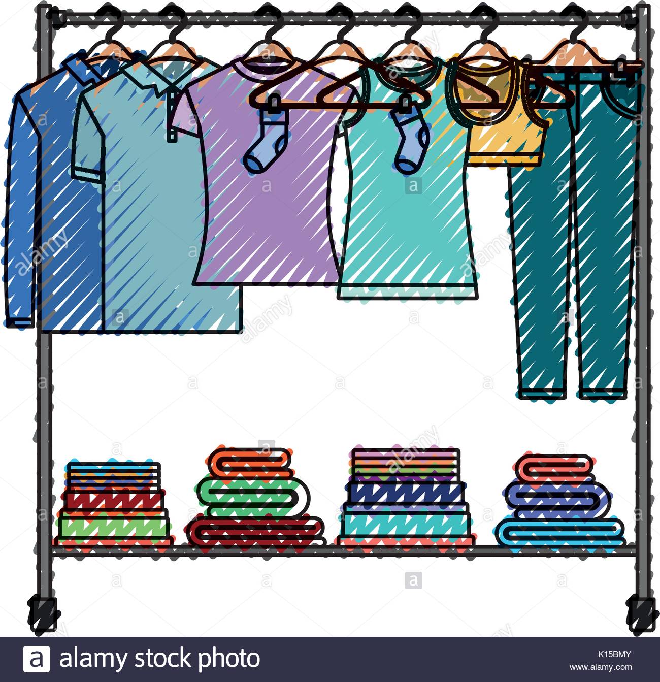 1300x1343 Colored Crayon Silhouette Of Clothes Rack With T Shirts And Pants
