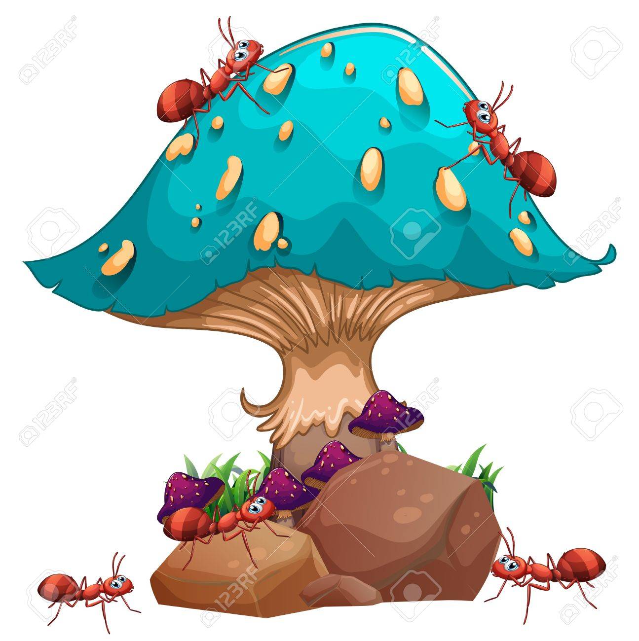 1295x1300 Illustration Of A Giant Mushroom And A Colony Of Ants On A White