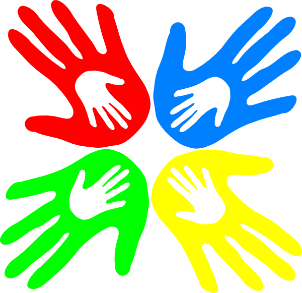 600x581 Four Colored Hands 45 Degree Clip Art
