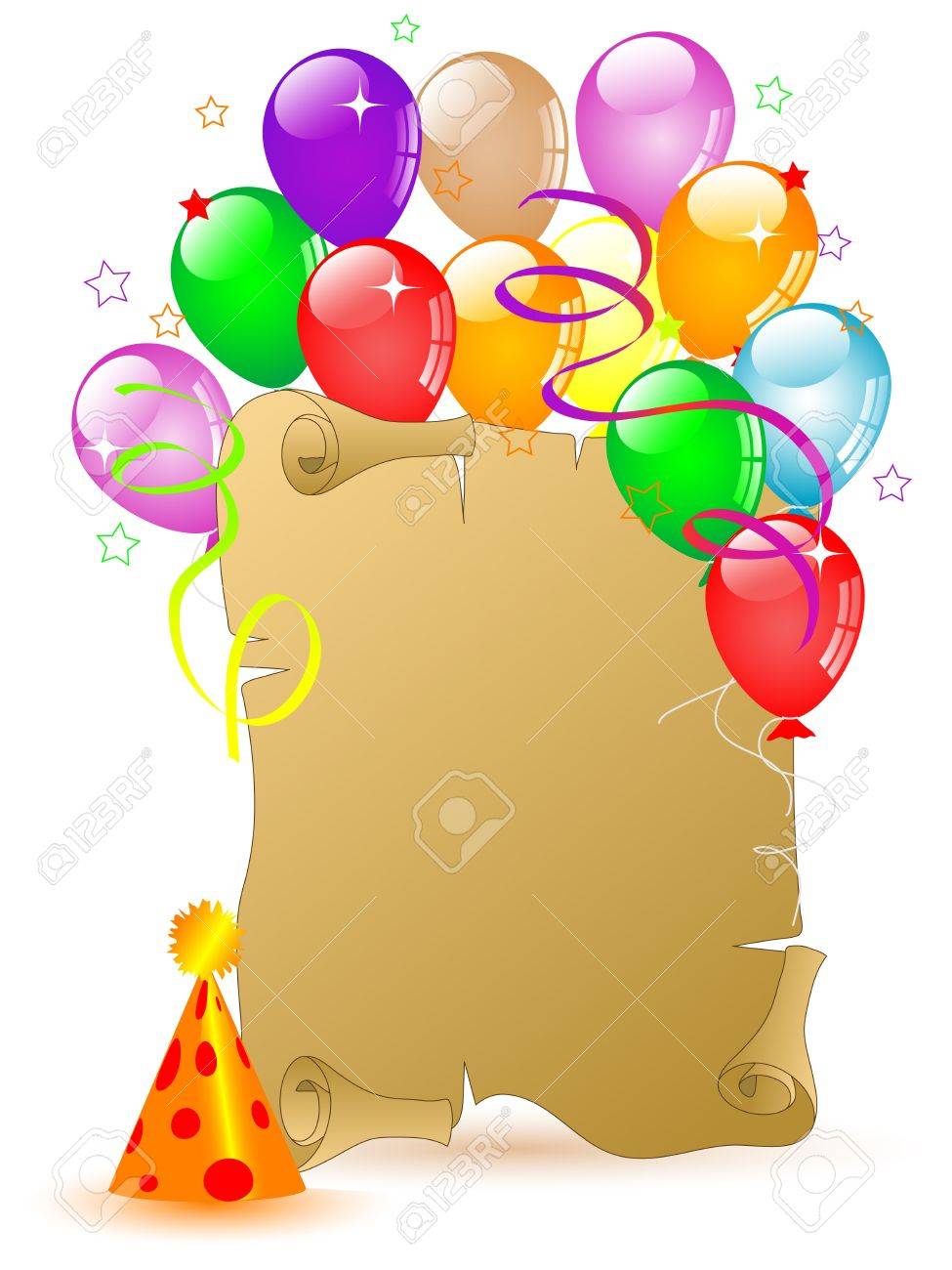 975x1300 Old Scroll For Your Text And Colorful Party Balloons Royalty Free