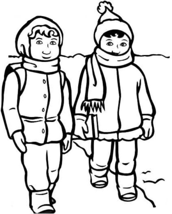 600x745 Boy And Girl With Winter Clothes Coloring Page