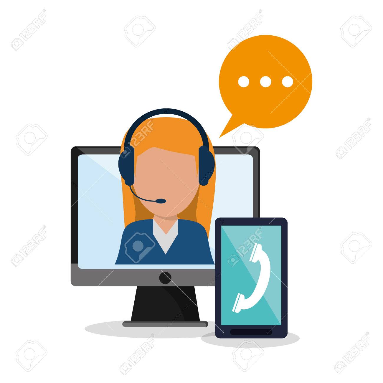 1300x1300 Woman Operator Smartphone Computer Icon. Call Center